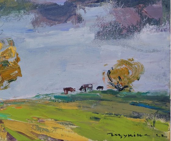 In the mountains | Sunny meadow and morning mist | Cows | Moments of autumn | Original oil painting