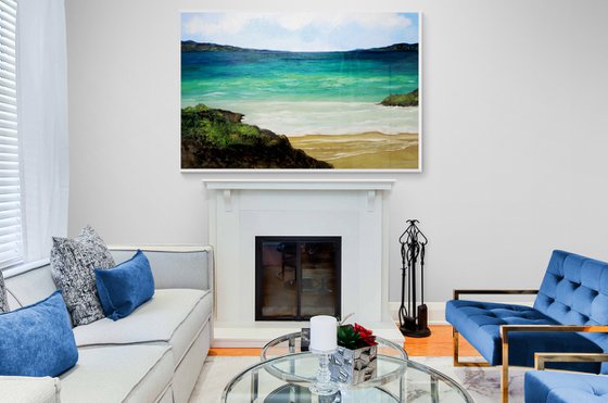 Seascape panorama warm bay. EXTRA LARGE OIL PAINTING
