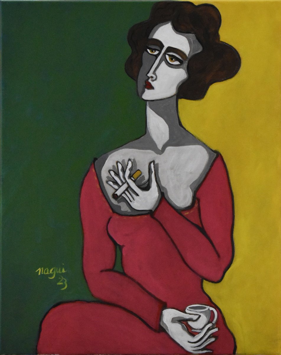 Expressive Portrait Acrylic Painting By Nagui, 16 X 20", Posing Colors 3, Original Artwork