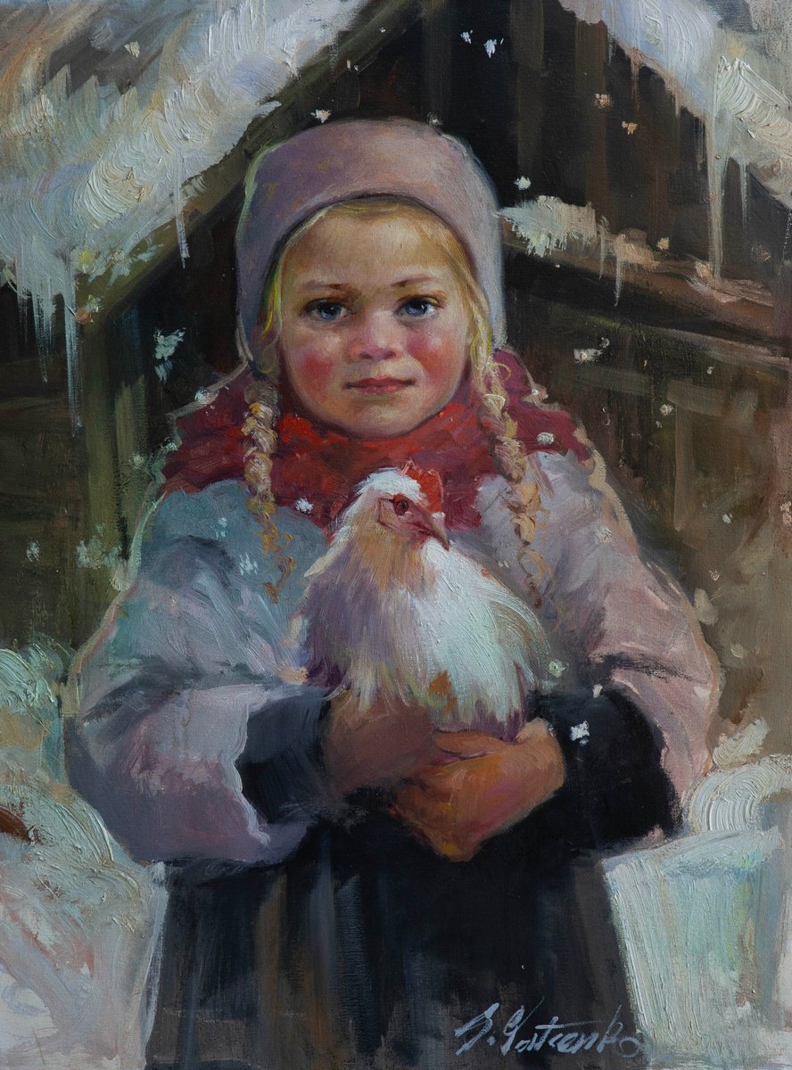 Impressionistic Portrait Oil Painting By Sergei Yatsenko, 18 X 24", Winter In The Village, Original Artwork