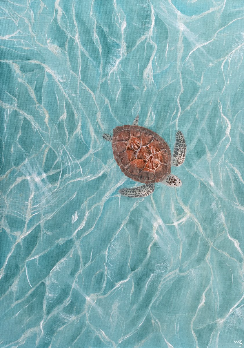 Photorealistic Landscape Oil Painting By Sarah Vms Art, 20 X 28", Turtle In The Ocean, Original Artwork