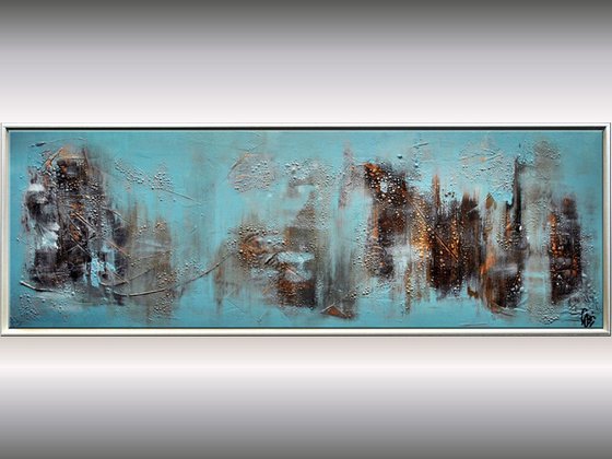 Forgotten Worlds  - abstract acrylic painting, canvas wall art, blue brown gold, framed modern art
