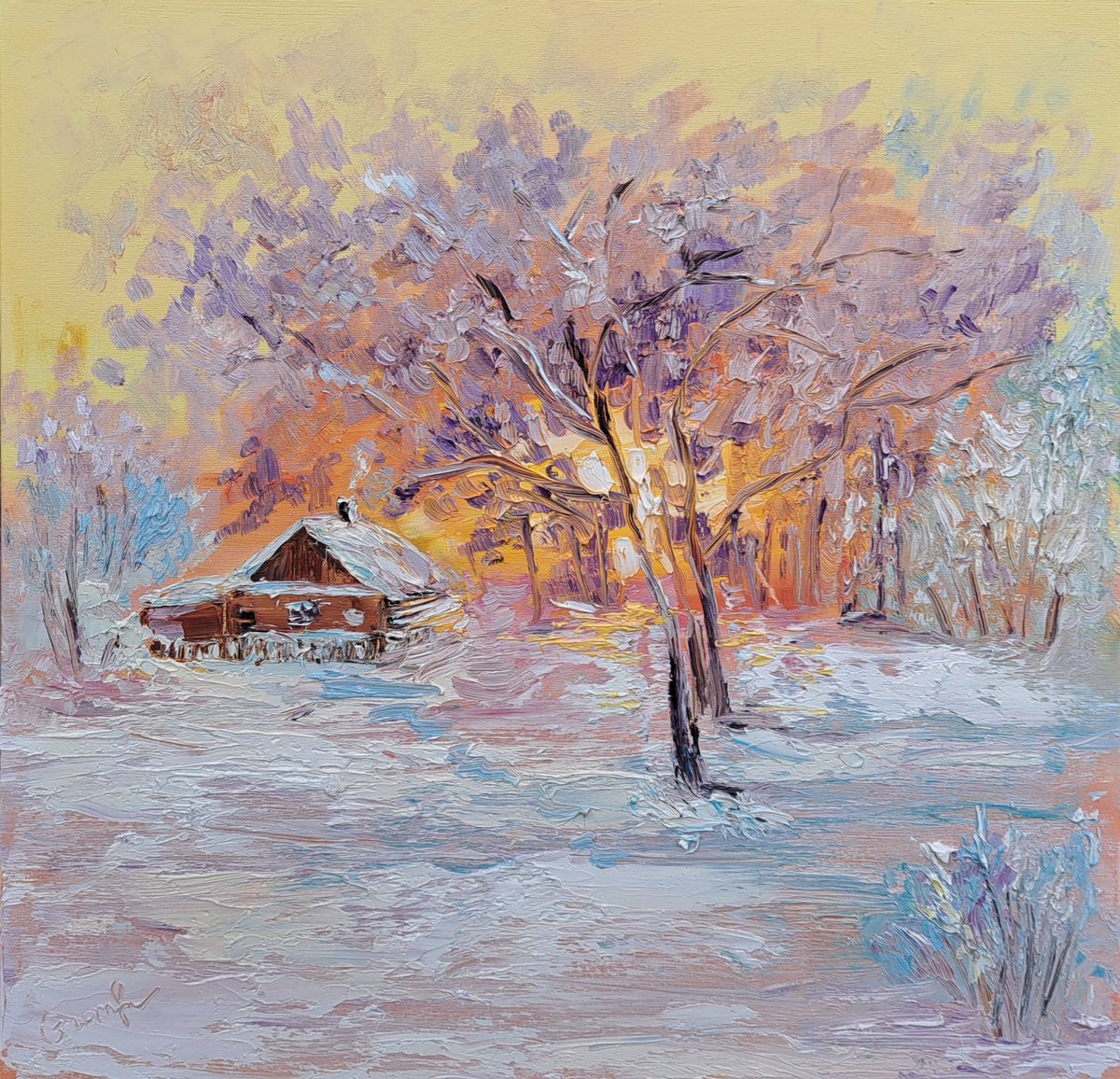 Impressionistic Landscape Oil Painting By Oksana Fedorova, 20 X 20", Sunset Winter, Original Artwork