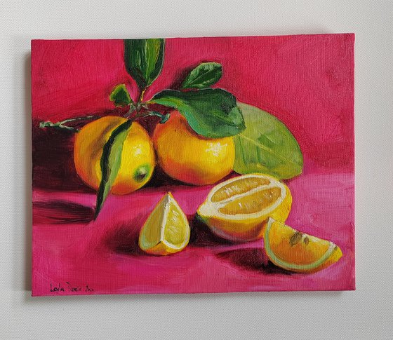 Lemon fruit on bright pink still life oil painting realistic citrus wall decor