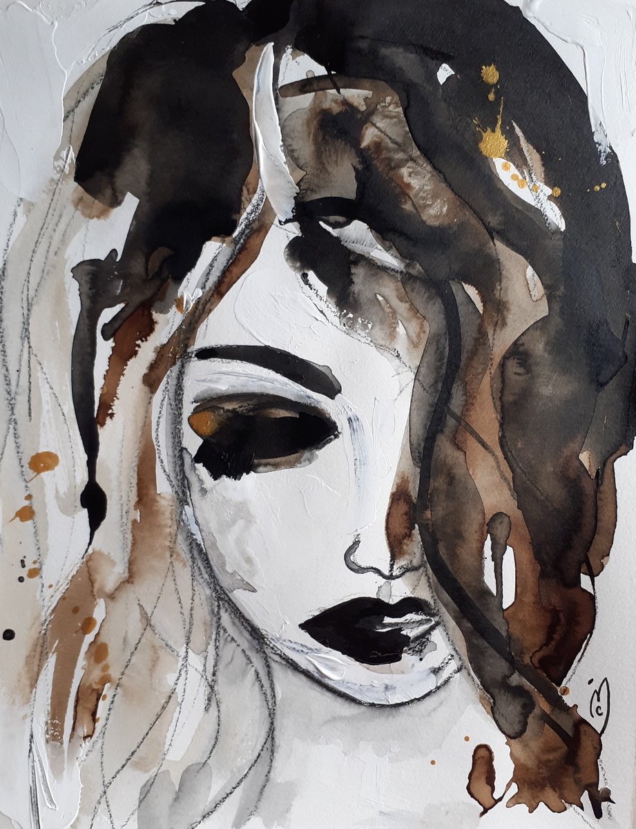 Woman Portrait Ink Watercolor by Celine Marcoz
