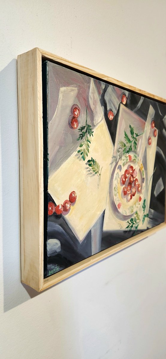 Expressive Still Life Oil Painting By Anahita Amouzegar, 17 X 13, A Plate A Paper And Cherry Tomatoes, Original Artwork