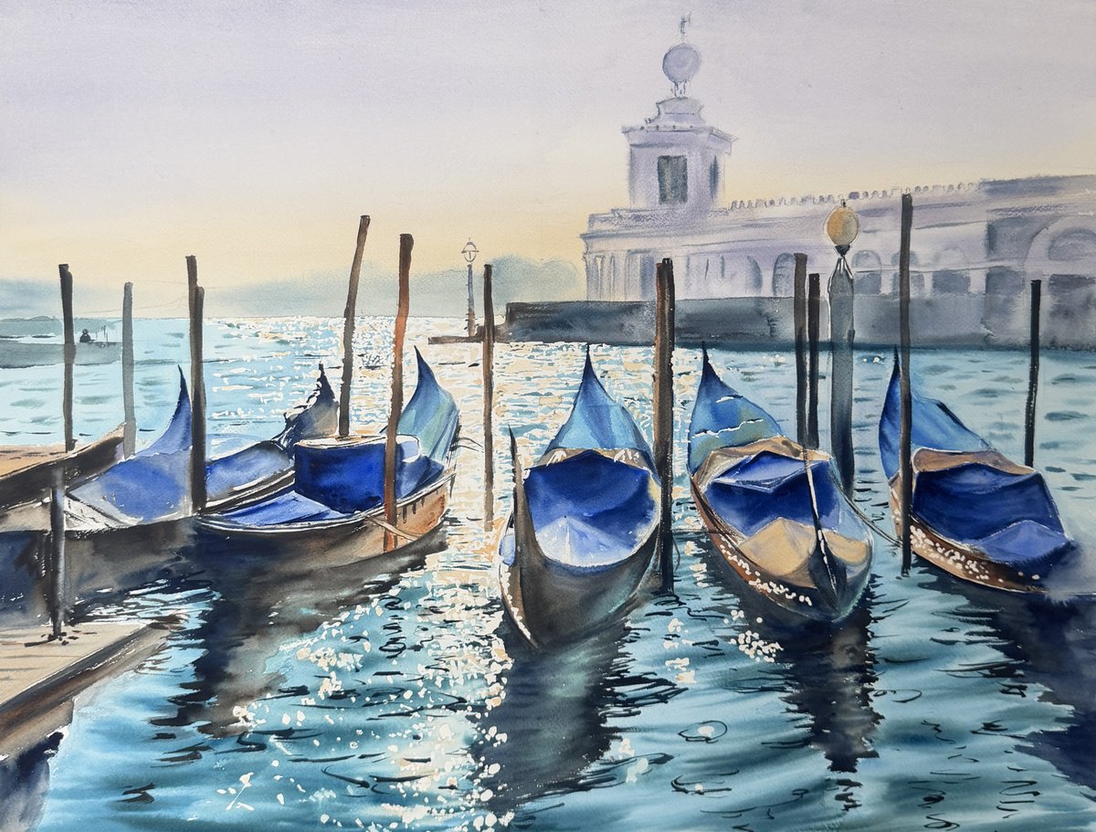 Photorealistic Watercolour , - Morning Light Over Venetian Gondolas - ? By Irina Ponna, 30 X 22, Artwork For Sale On Artfinder