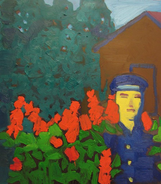 Man in red flower and bluesuit