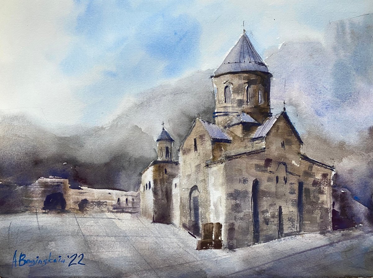 Geghard Monastery - watercolor landscape by Anna Boginskaia