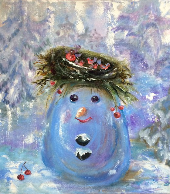 Snowman original oil painting - Nursery wall art - Winter gift idea