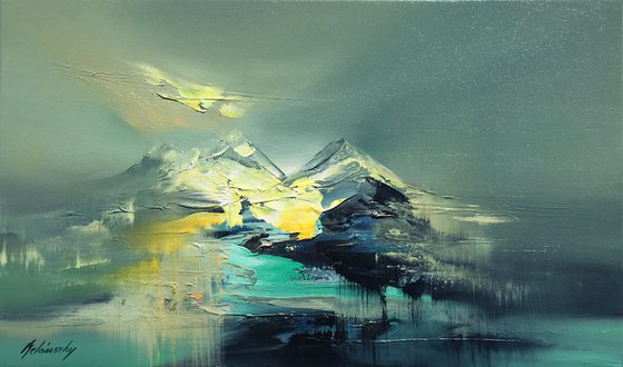 Mist-covered Mountains - 30 x 50 cm, abstract landscape oil painting in gray and yellow