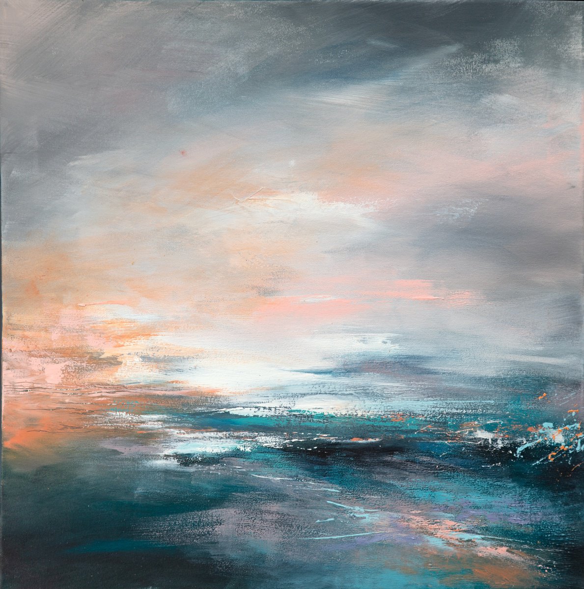 Expressive Landscape Acrylic Painting By Paul Hillary, 25 X 25", Teal Green Serenity, Original Artwork