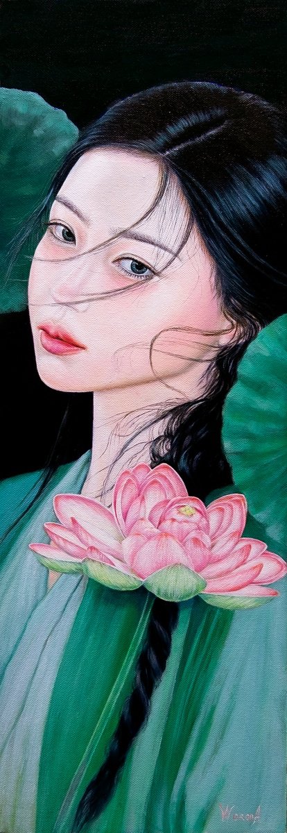 Photorealistic Oil Painting , The Guardian Of The Lotus. By Anastasia Woron, 8 X 24, Artwork For Sale On Artfinder