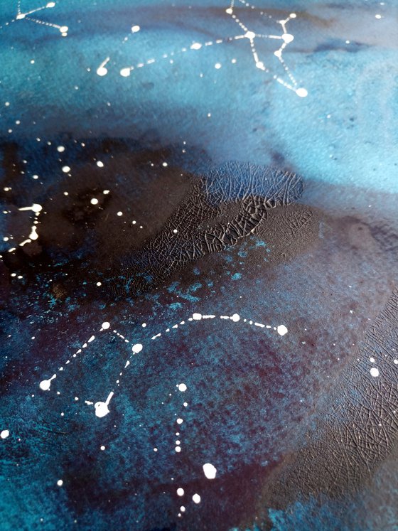 "Depth of Space" abstract dark blue watercolour with white dots constellations