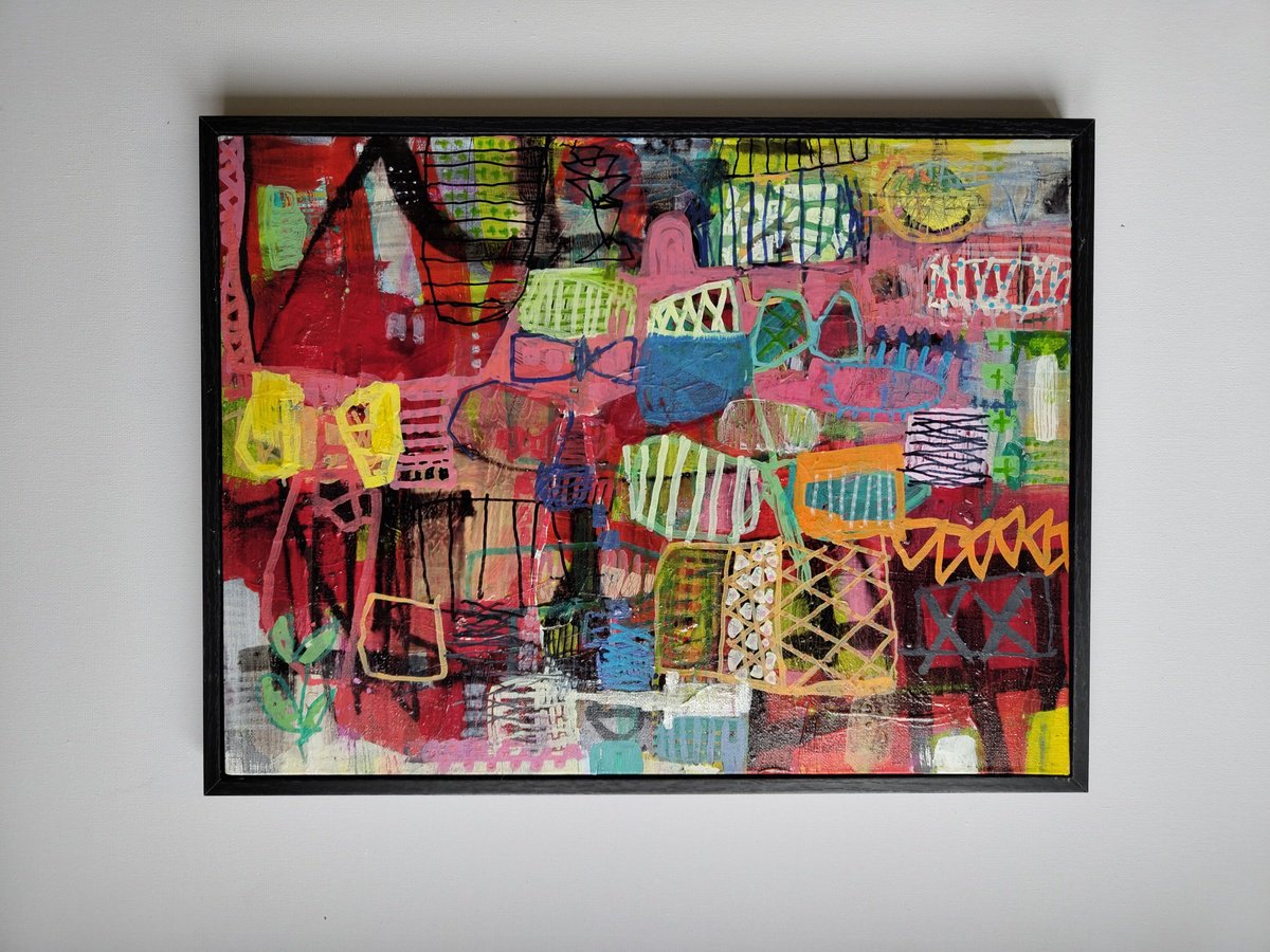 Abstract Acrylic Painting By Junichi Oboshi, 16 X 12", Wounderful Garden, Original Artwork