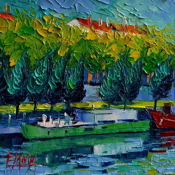 ONE BARGE ON THE RHONE RIVER modern impressionist palette knife oil painting
