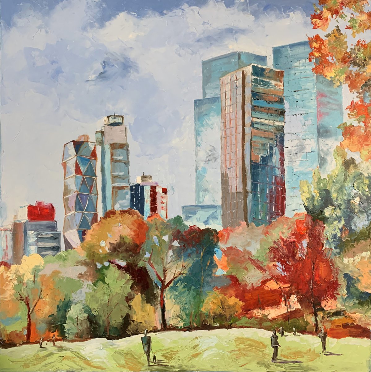 Impressionistic Cityscapes Oil Painting By Vita Schagen, 39 X 39", New York City. Central Park., Original Artwork