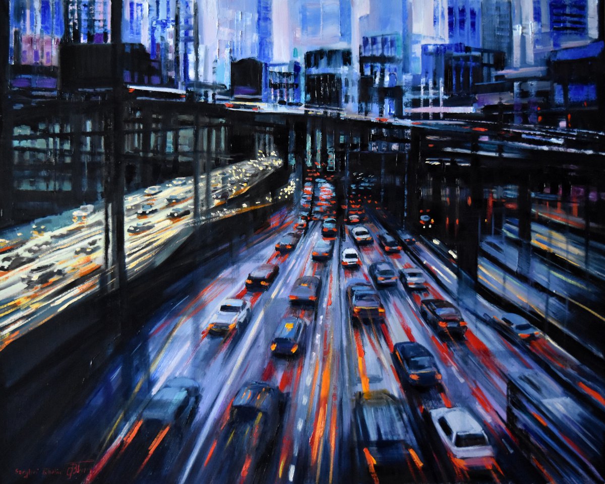 Expressive Cityscapes Oil Painting By Serghei Ghetiu, 30 X 24", The Noir City, Original Artwork