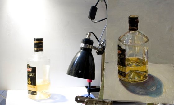 modern rough still life of french rum bottle