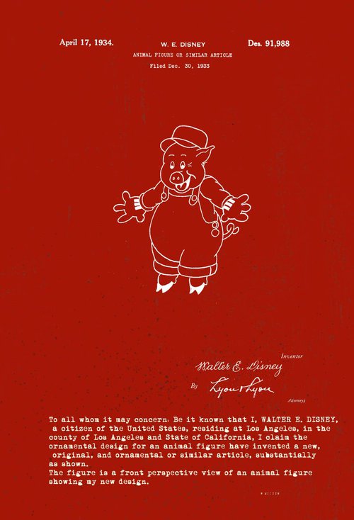 Disney Character Patent - Pig 2 - Burgundy - Circa 1934 by Marlene Watson