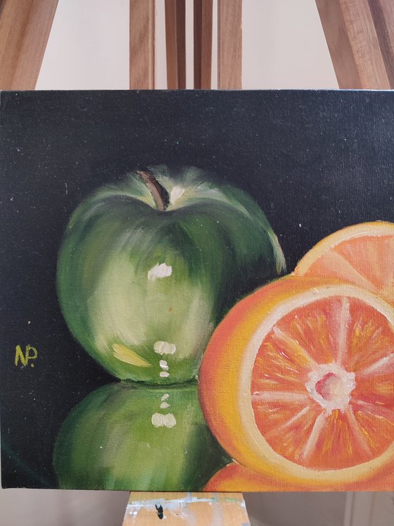 Sweet couple, original oil fruit apple orange oil  painting, impressionistic art, gift idea