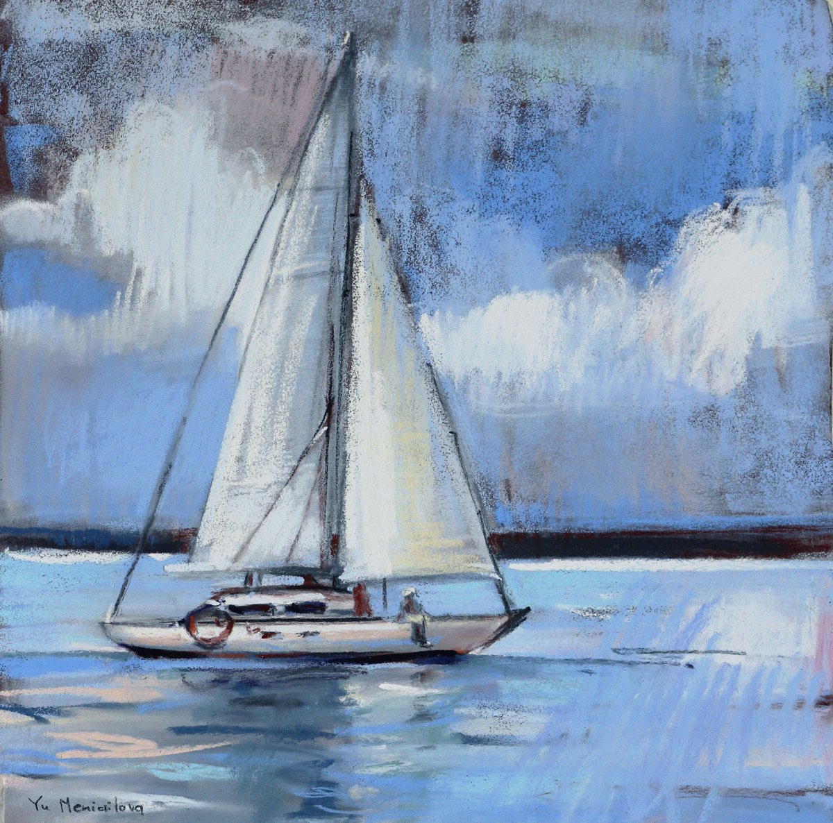 White sails - Seascape painting - Marina by Yuliia Meniailova