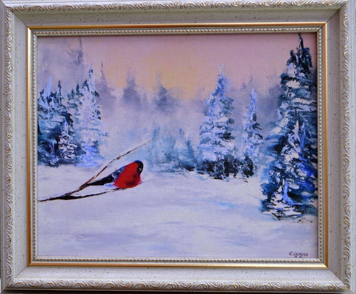 Impressionistic Animal Painting By Elena Lukina, 12 X 10, Winter Forest, Original Artwork