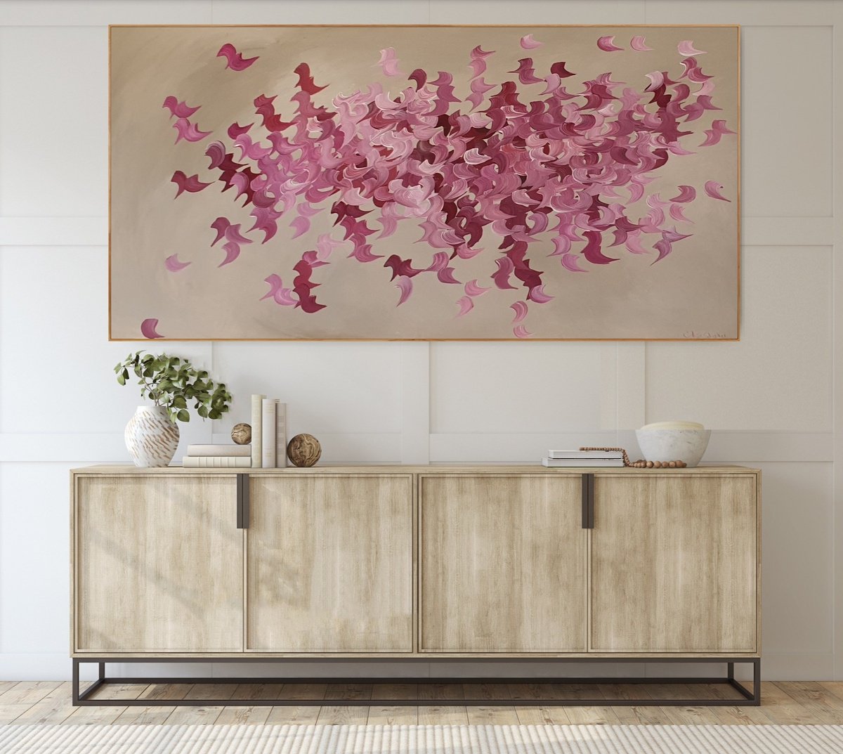 Abstract Acrylic Painting By Gabriela Azar Schreiner, 74 X 39, Dahlias, Original Artwork