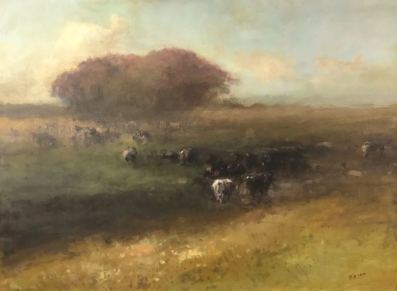 Cows in the Meadow, Original oil Painting, Handmade arworkt, Impressionism, Signed, One of a Kind