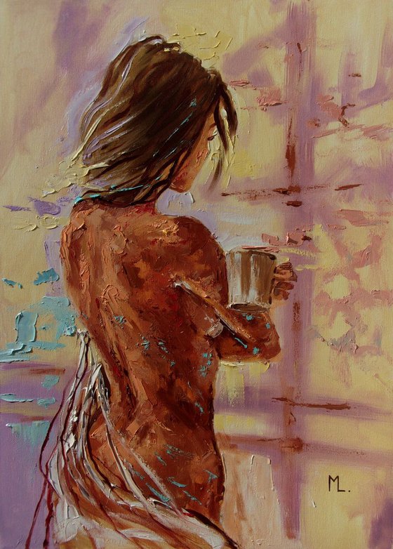 " COFFEE TIME " - 50x70cm original oil painting on canvas, gift, palette kniffe