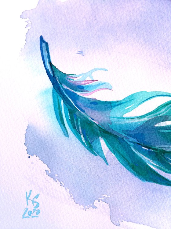 Still life "Fantasy bright blue-green feather of a bird" original watercolor painting square postcard