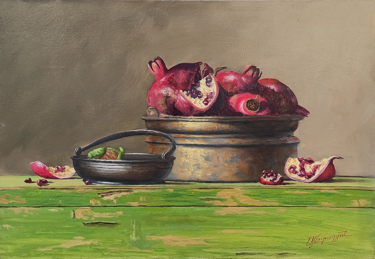 Photorealistic Still Life Oil Painting By Arayik Muradyan, 24 X 16, Still Life With Pomegranates, Original Artwork