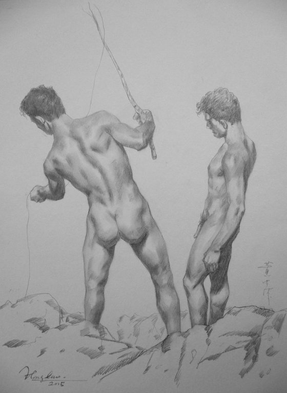ORIGINAL DRAWING SKETCH CHARCOAL MALE NUDE GAY INTEREST MEN ON PAPER#16-01-6-4