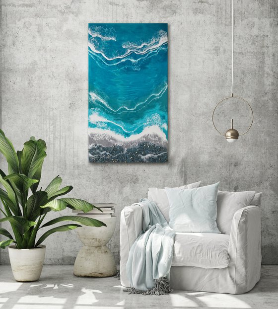 Turquoise waves - original seascape resin artwork with real blue shell