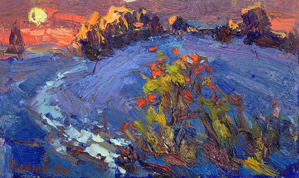 Impressionistic Landscape Oil Painting By Kalenyuk Alex, 10 X 6", Frosty Night, Original Artwork