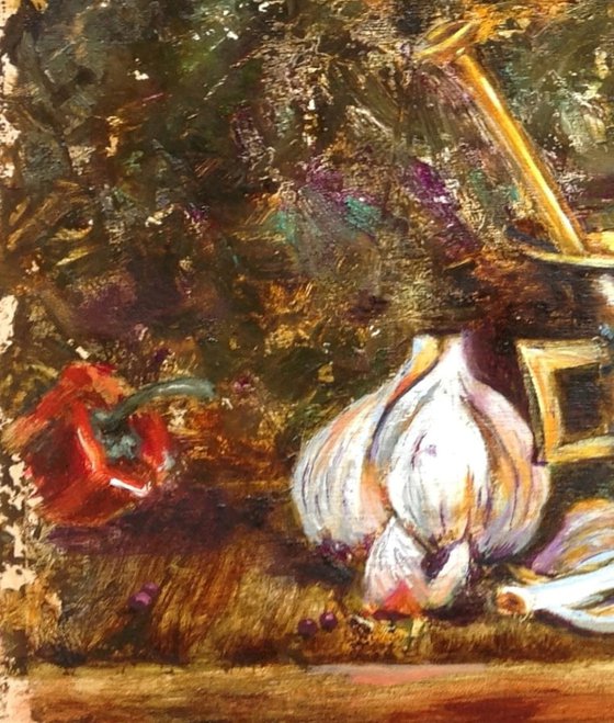 Garlic and a copper mortar