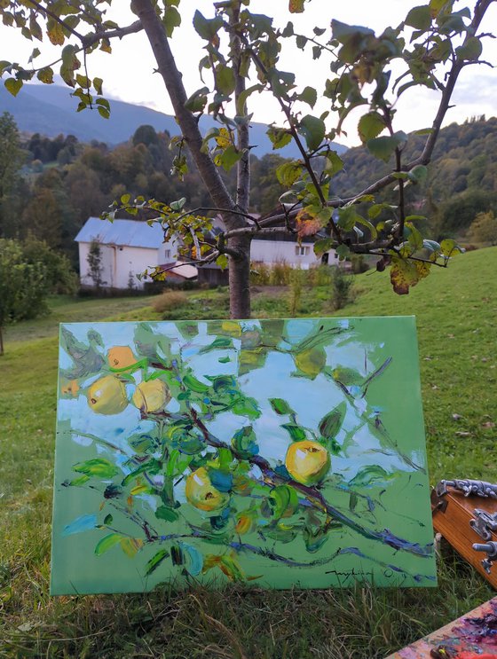 Apple tree branch. 50x70 cm. In the garden . Fruit Gifts of autumn . Original oil painting