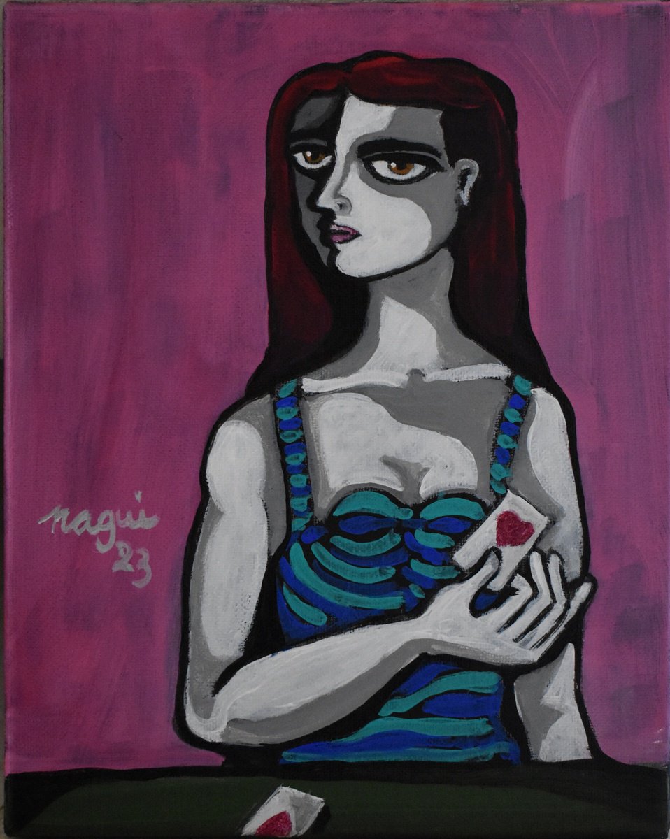 Expressive Portrait Acrylic Painting By Nagui, 8 X 10", Ace Of Hearts, Original Artwork