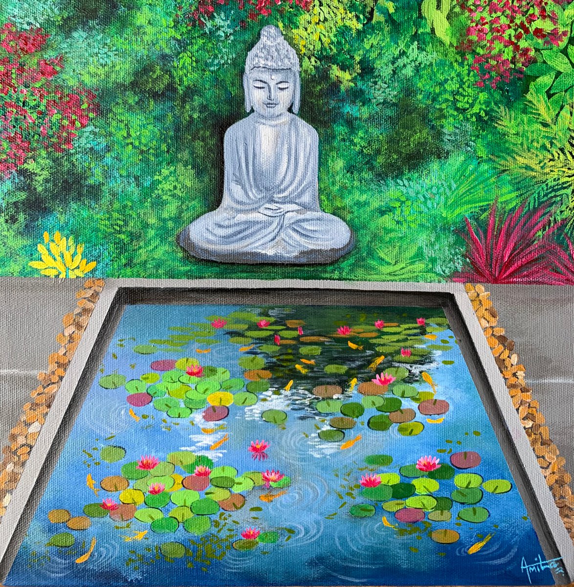 Backyard Pond! Buddha with water lilies pond by Amita Dand