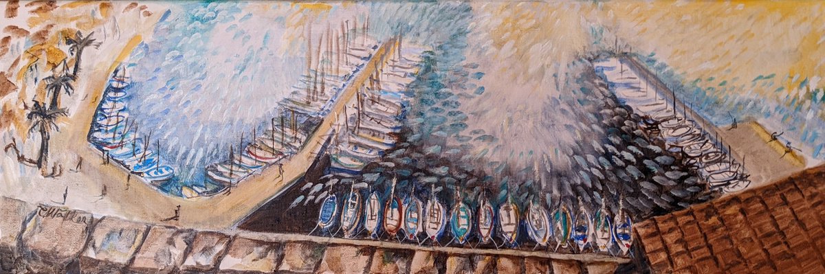 Impressionistic Landscape Oil Painting By Chris Walker, 24 X 8, Sanary-Sur-Mer, Original Artwork