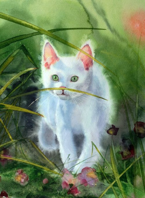 The Hunter Among the Flowers  - White Kitten by Olga Beliaeva Watercolour