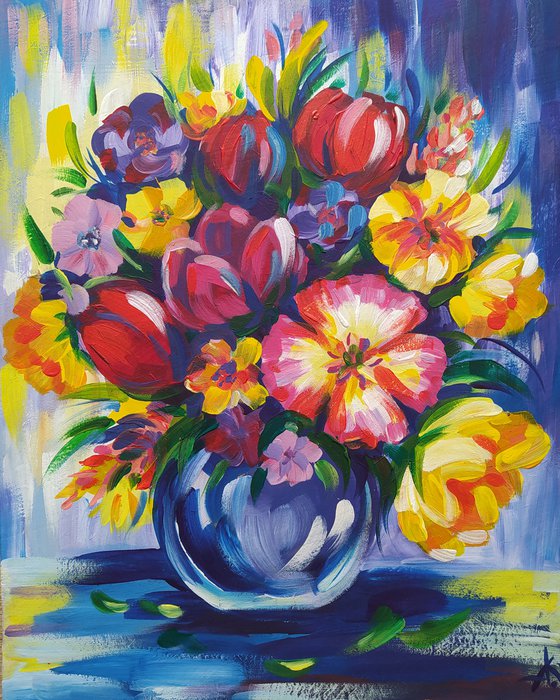 Tulips - flowers, tulips artylic, acrylic painting, bouquet of flowers, still life, bouquet of tulips, flowers in vase
