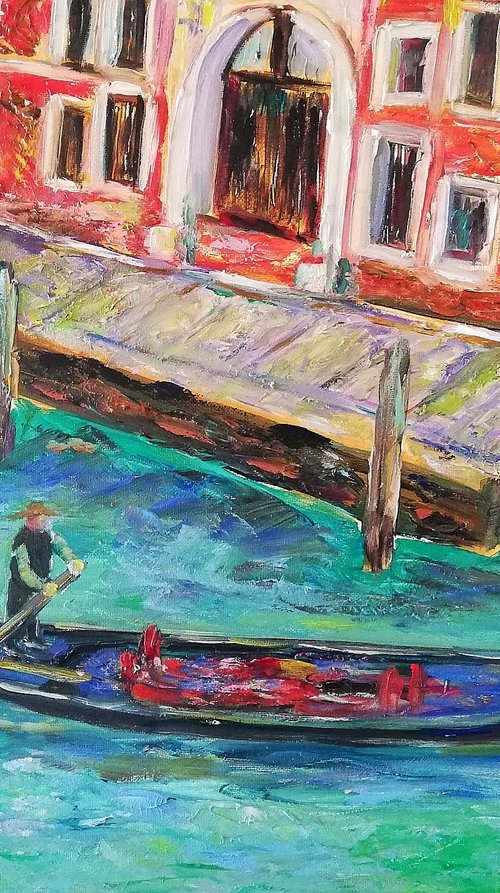 "A Gondolier" Venice and its Canals Original Oil Painting - Italian Landscape by Katia Ricci