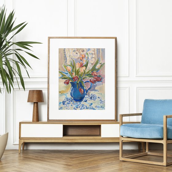 Tulips in a Blue Vase