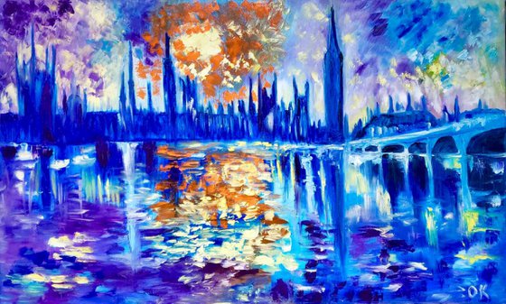 Sunset  in London. Big Ben. House of Parliament. 90 x55 LARGE OIL PAINTING