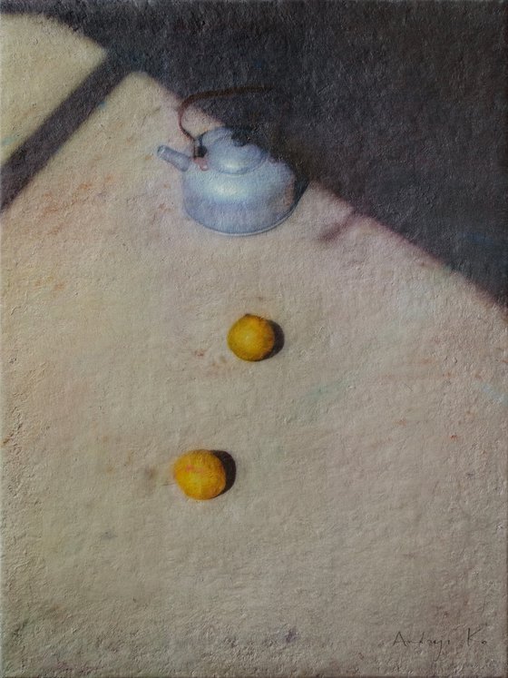 Aluminum Teapot and Two Lemons