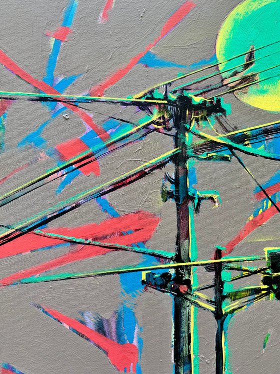 Urban painting - "Green Sun" - Pop art - Bright - Street art - Sunset - City - Street - Grey&Green