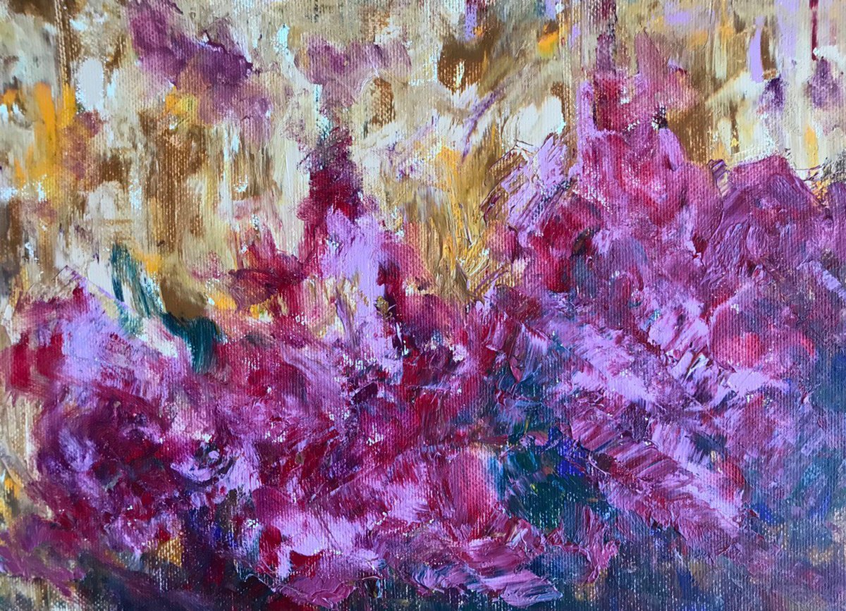 Abstract Botanical Oil Painting By Tetiana Pchelnykova, 12 X 8", Lilac Garden, Original Artwork