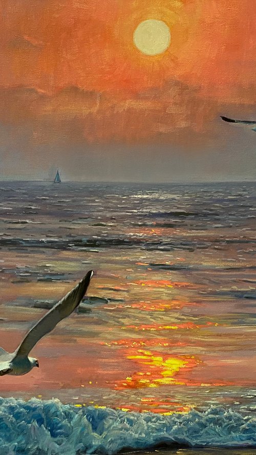 Dusk Ocean and seagulls by Paul Cheng