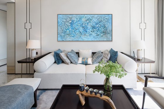 COASTAL TRANQUILITY. Abstract blue silver gray 3D dimensional painting